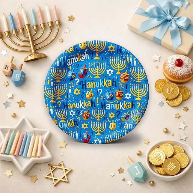 Vibrant Blue Hanukkah Menorah Pattern Paper Plates (Creator Uploaded)