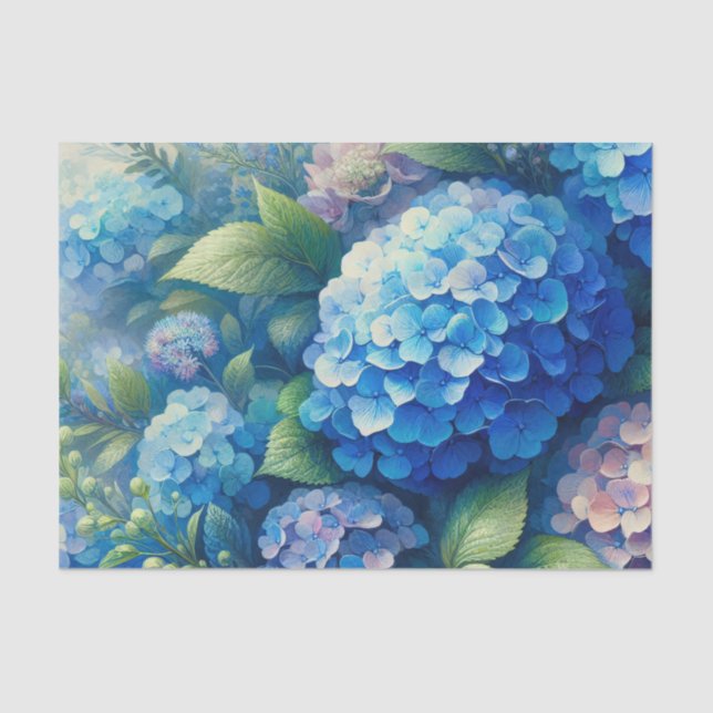 Vibrant Blue Hydrangea and Leaves Decoupage Tissue Paper (Front)