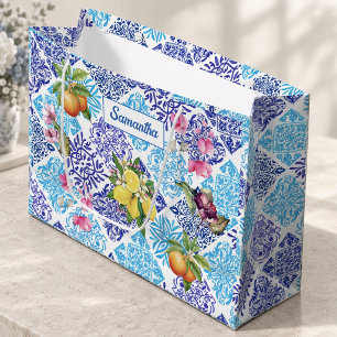 Vibrant Blue Mediterranean Citrus Lemon Tile Large Gift Bag
