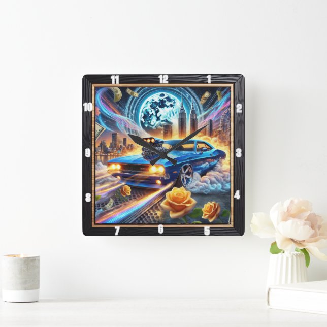 Vibrant Blue Muscle Car With City Backdrop Square Wall Clock (Home)