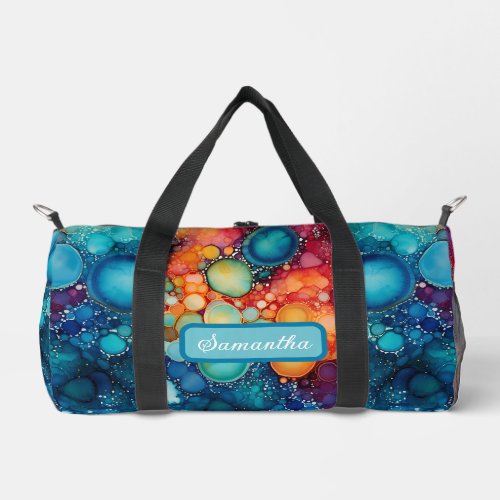 Vibrant Blue Orange Pink  Alcohol Ink Splatter   Duffle Bag