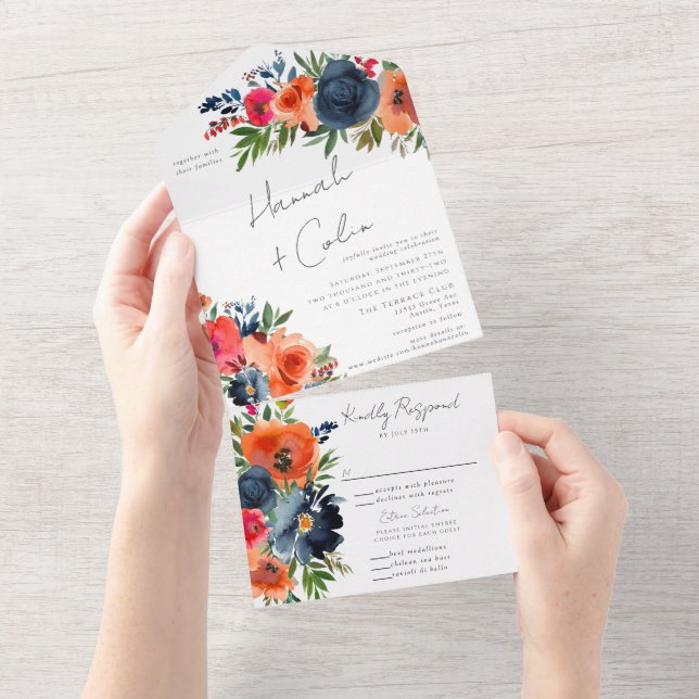 Vibrant Blue Orange Red Botanical All In One Invitation (Tearaway)