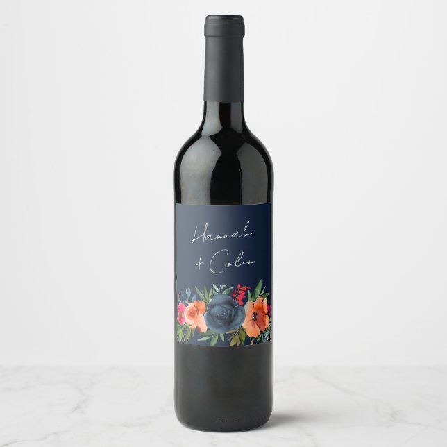 Vibrant Blue Orange Red Botanical Wine Label (Front)