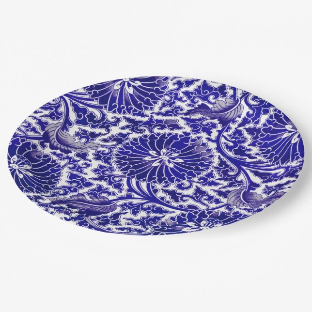 Vibrant Blue Ornamental Design Paper Plates (Angled)