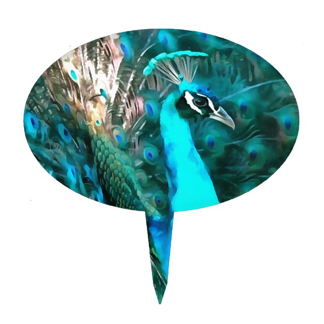 Vibrant Blue Peacock In With Fanned Tail Cake Topper (Front)