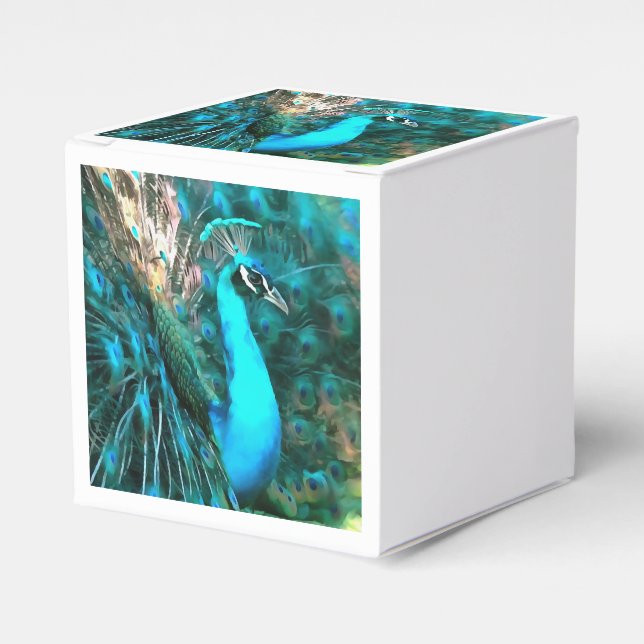 Vibrant Blue Peacock In With Fanned Tail Favor Boxes (Front Side)