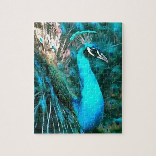 Vibrant Blue Peacock In With Fanned Tail Jigsaw Puzzle
