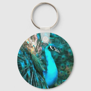 Vibrant Blue Peacock In With Fanned Tail Keychain
