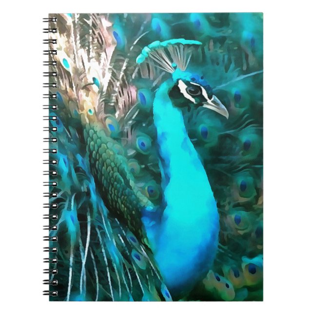 Vibrant Blue Peacock In With Fanned Tail Notebook (Front)