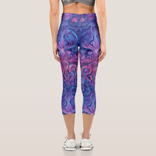 Vibrant Blue Pink  Purple Mandala Paisley Yoga Capri Leggings