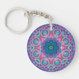 Vibrant Blue Pink Teal Purple Floral Mandala Keychain