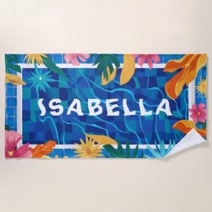 Vibrant Blue Pool & Flowers Customizable Beach Towel