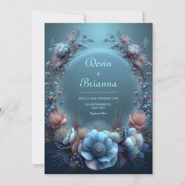 Vibrant Blue Protea Ethereal Halo Wedding Invitation (Front)