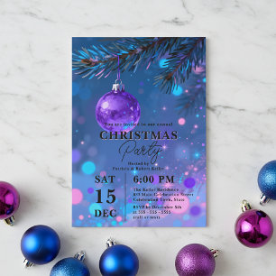 Vibrant Blue Purple Bauble Bokeh Christmas Party Invitation
