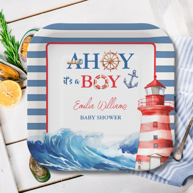 Vibrant Blue Red Coastal Lighthouse Baby Shower Paper Plates (Creator Uploaded)