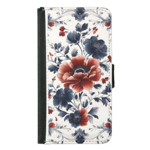 Vibrant Blue & Red Florals on White Background Samsung Galaxy S5 Wallet Case