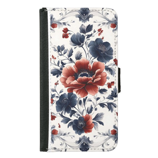 Vibrant Blue & Red Florals on White Background  Samsung Galaxy Wallet Case (Front)