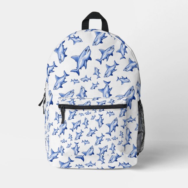 Vibrant Blue Shark Pattern Printed Backpack (Front)
