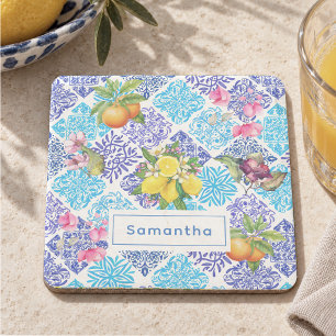 Vibrant Blue Sicilian Azulejo Citrus Floral Stone Coaster