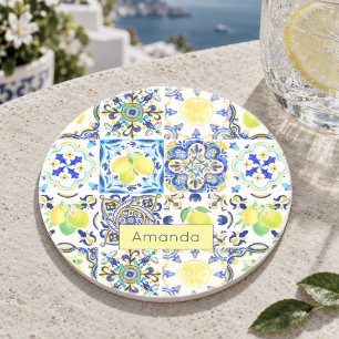 Vibrant Blue Sicilian Citrus Mediterranean Tile Coaster
