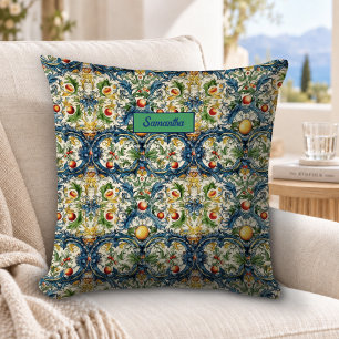 Vibrant Blue Sicilian Mediterranean Citrus Tiles Throw Pillow