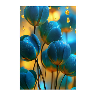 Vibrant Blue Tulips with Golden Glow – Dewy Floral Acrylic Print