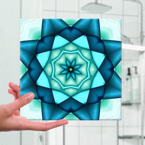 Vibrant Blue Turquoise Floral Star Ceramic Tile