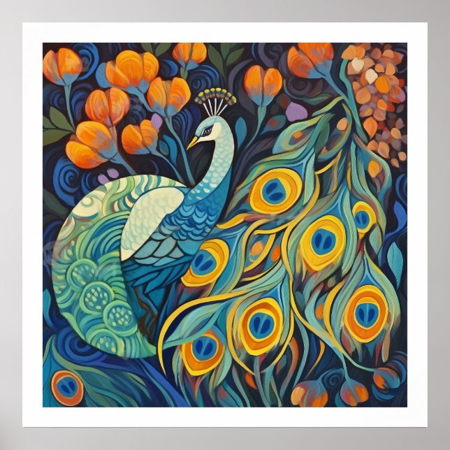 Vibrant Blue water color Peacock Poster (Front)