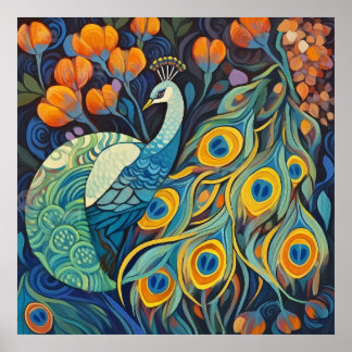 Vibrant Blue water color Peacock Poster