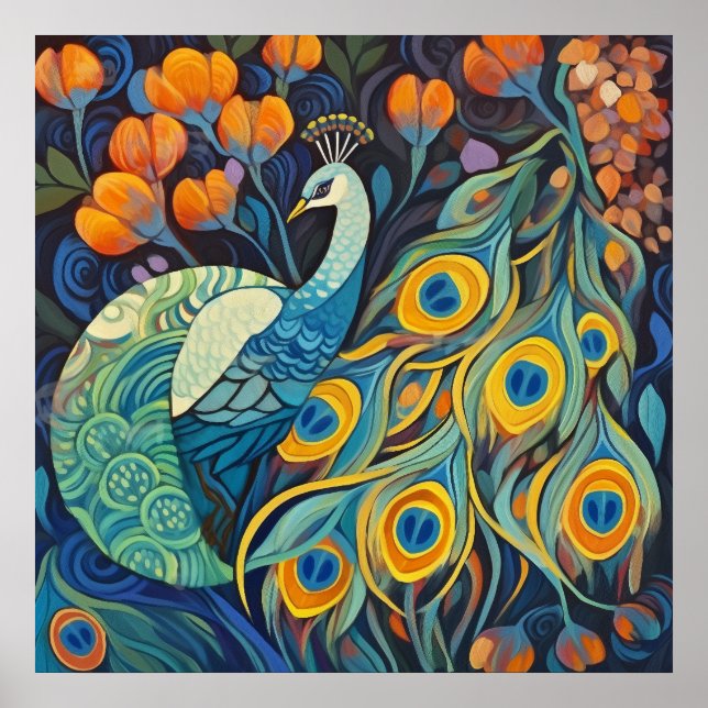 Vibrant Blue water color Peacock Poster (Front)
