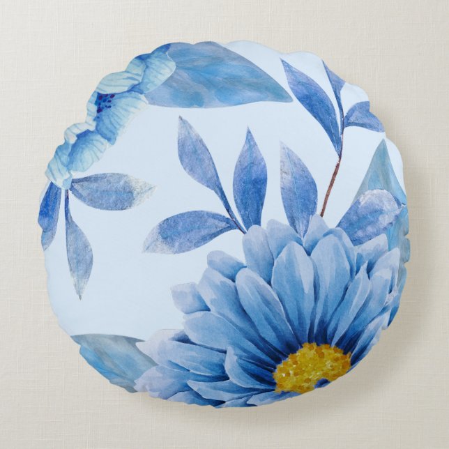 Vibrant Blue Watercolor Floral Round Pillow (Front)