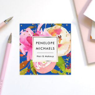 Vibrant Blue Watercolor Floral with Confetti Square Business Card