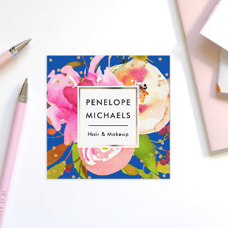 Vibrant Blue Watercolor Floral with Confetti Square Business Card