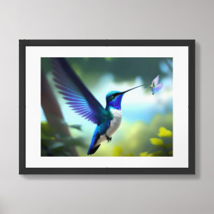 Vibrant Blue & White Hummingbird In Flight Poster