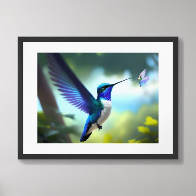 Vibrant Blue & White Hummingbird In Flight Poster (Framed Front)