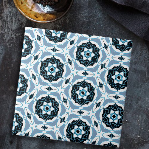 Vibrant Blue  White Mosaic Geometric Pattern Ceramic Tile