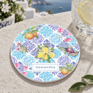 Vibrant Blue White Sicilian Citrus Floral Tile Coaster