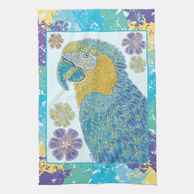 Vibrant Blue Yellow Macaw Floral Illustration Kitchen Towel (Vertical)