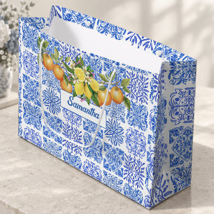 Vibrant Blue Yellow Sicilian Citrus Tile Large Gift Bag
