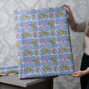 Vibrant Blue Yellow Sicilian Citrus Tile Pattern Wrapping Paper