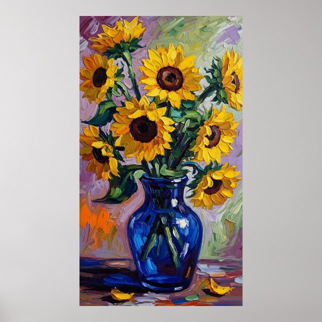 Vibrant Blue & Yellow Sunflower Expressionist Poster (Front)