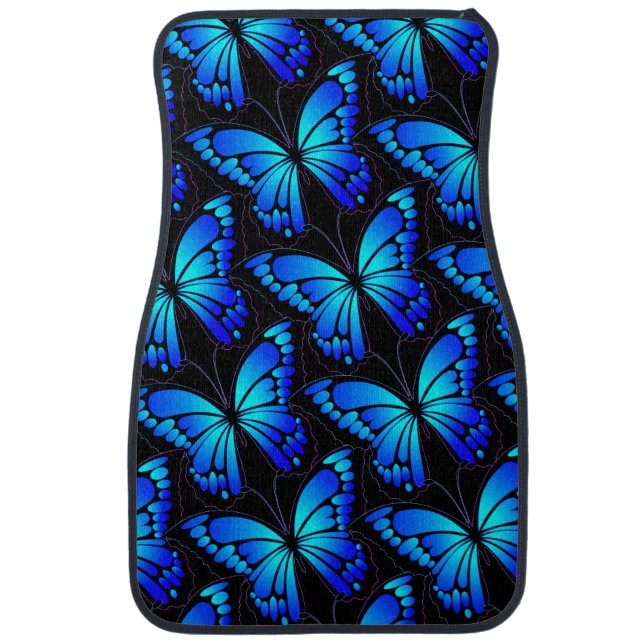 Vibrant Blues on Butterfly on Black Car Floor Mat (Front)