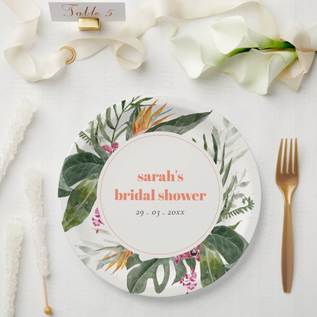Vibrant Blush Boho Tropical Floral Bridal Shower Paper Plates (Wedding)