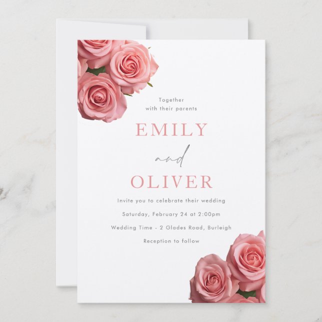 Vibrant Blush Pink Roses Elegant Wedding Invitation (Front)