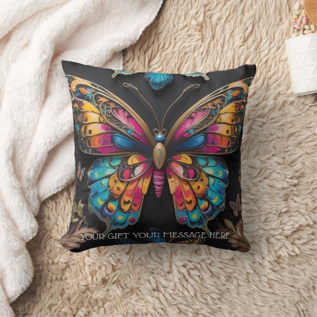 Vibrant Bohemian Butterfly Art Neon Oil-Painting Throw Pillow (Blanket)