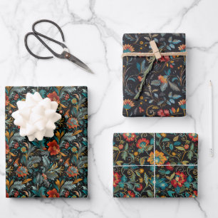 Vibrant Bohemian Floral and Leaf Pattern on Black Wrapping Paper Sheets