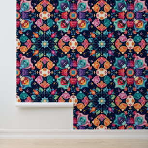 Vibrant Bohemian Mandala Colorful Floral Folk Art Wallpaper
