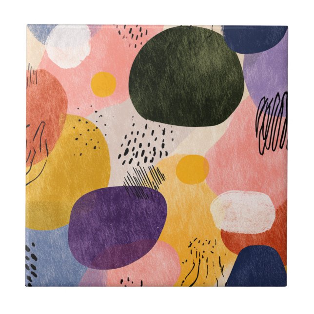 Vibrant Boho Abstract Pattern | Organic Shapes Ceramic Tile (Front)