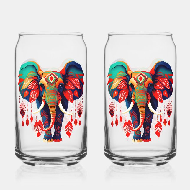 Vibrant Boho Chic Elephant Can Glass (Front)