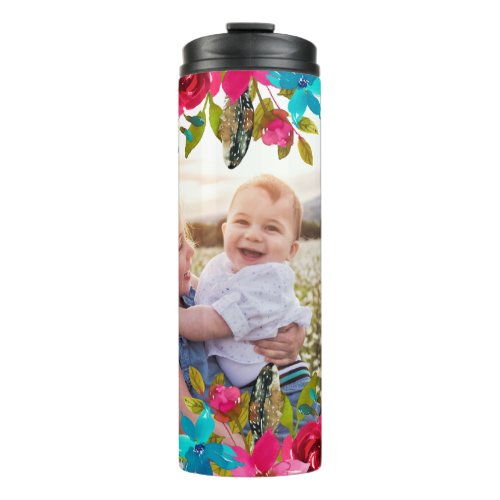 Vibrant Boho Floral and Feathers with Photo Thermal Tumbler